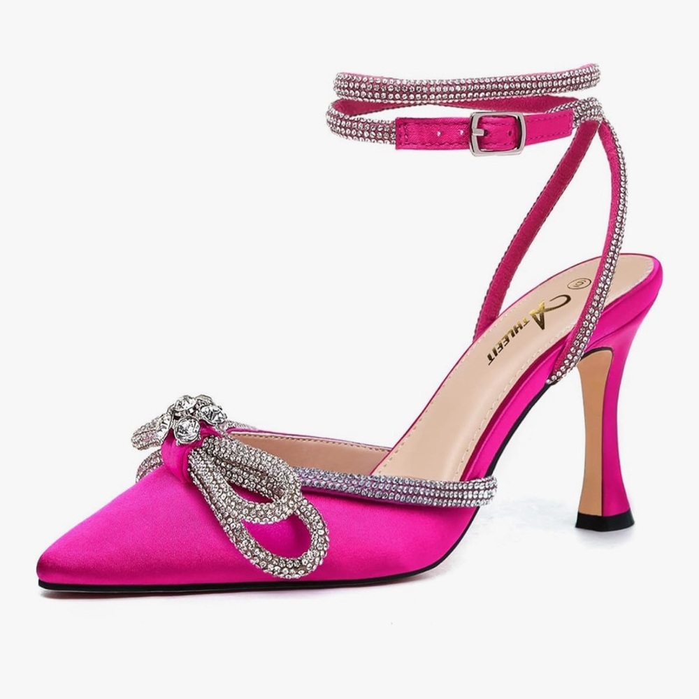 Pink Satin Heels with Crystal Bow Embellishment